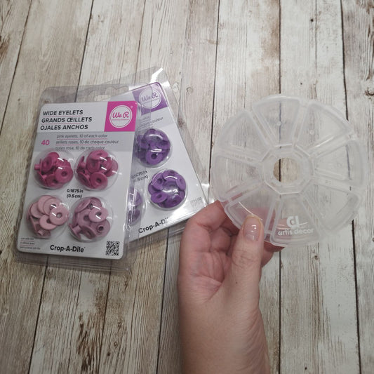 Set eyelets rosas + eyelets morados + cajita organizadora