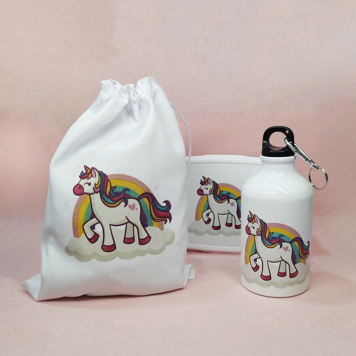 Pack almuerzo infantil Unicornio bolsa, fiambrera y botella CON NOMBRE
