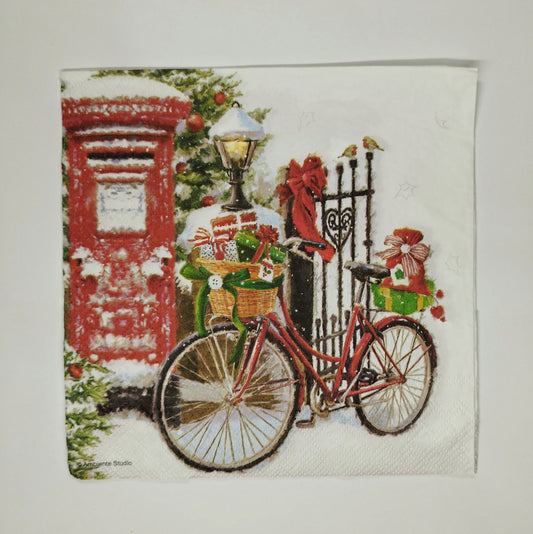 Servilleta con regalos en bicicleta Navidad