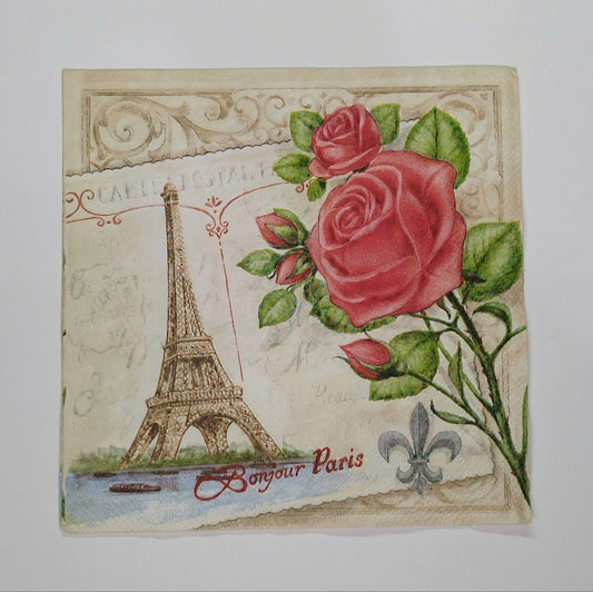 Servilleta con postal de Paris y ramo de rosas